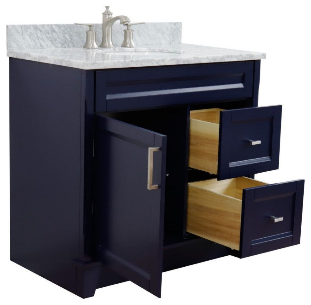37" Single Sink Vanity, Blue Finish With White Carrara Marble