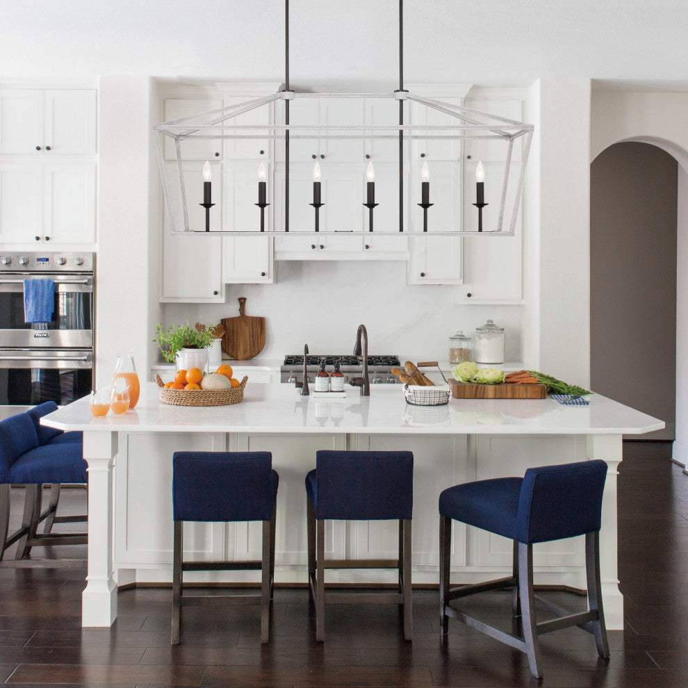 6 Light Kitchen Island Linear Pendant Chandelier, Crackle White+classic Black