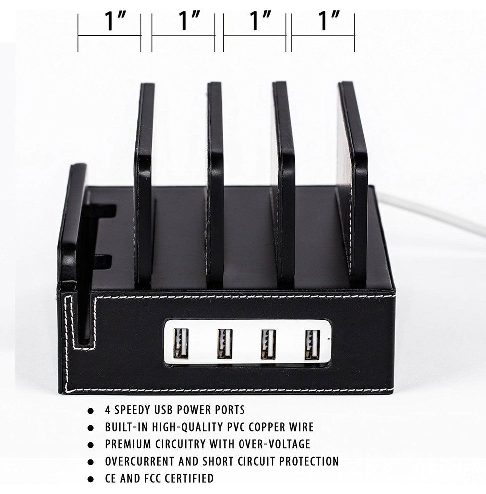Compact Charging Station With Integrated 4-Port USB, Black Leatherette, With Set