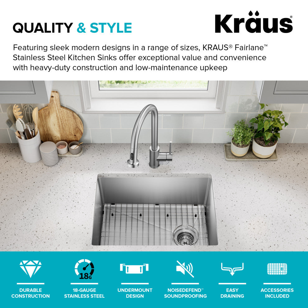 KRAUS Fairlane 25" Undermount 1-Bowl 18 Gauge Stainless Steel Kitchen Sink