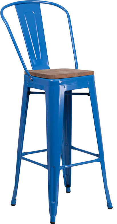 30" High Metal Barstool With Back and Wood Seat, Blue