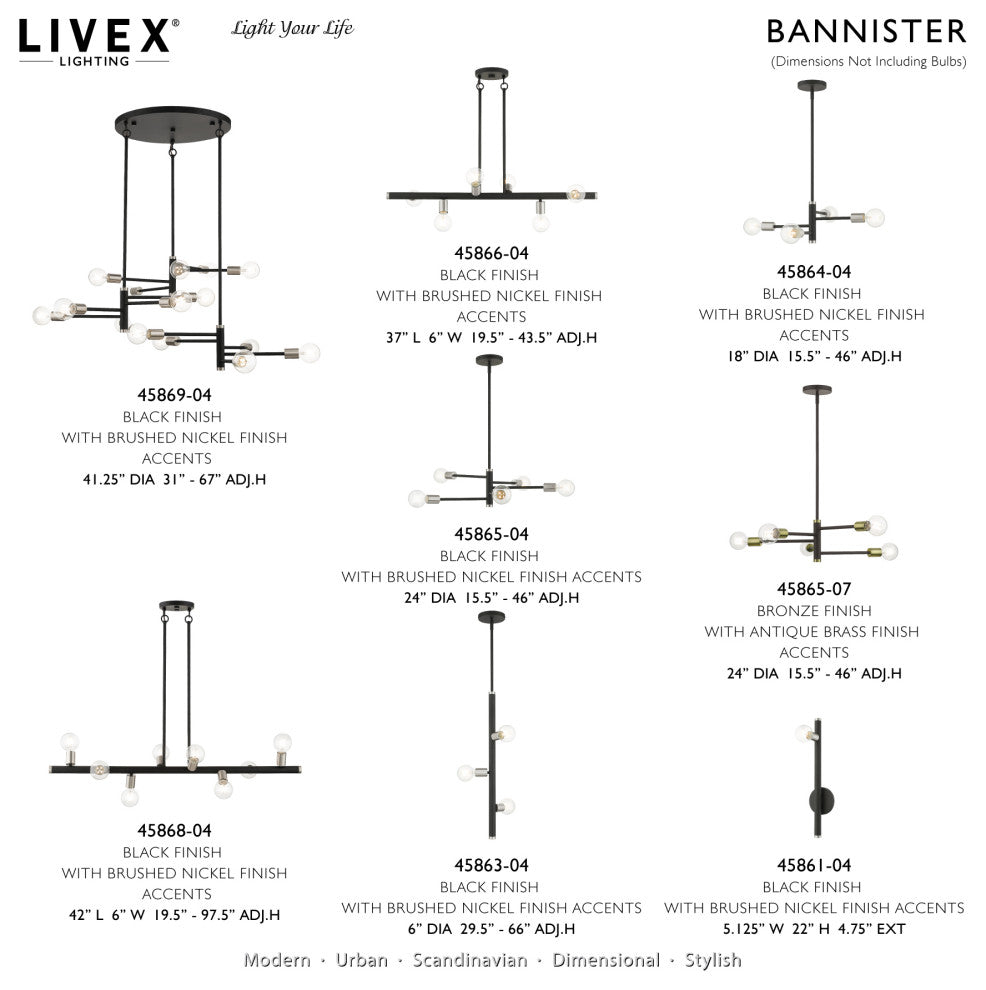 Livex Lighting Bannister 8-Light Large Chandelier, Black/Brushed Nickel