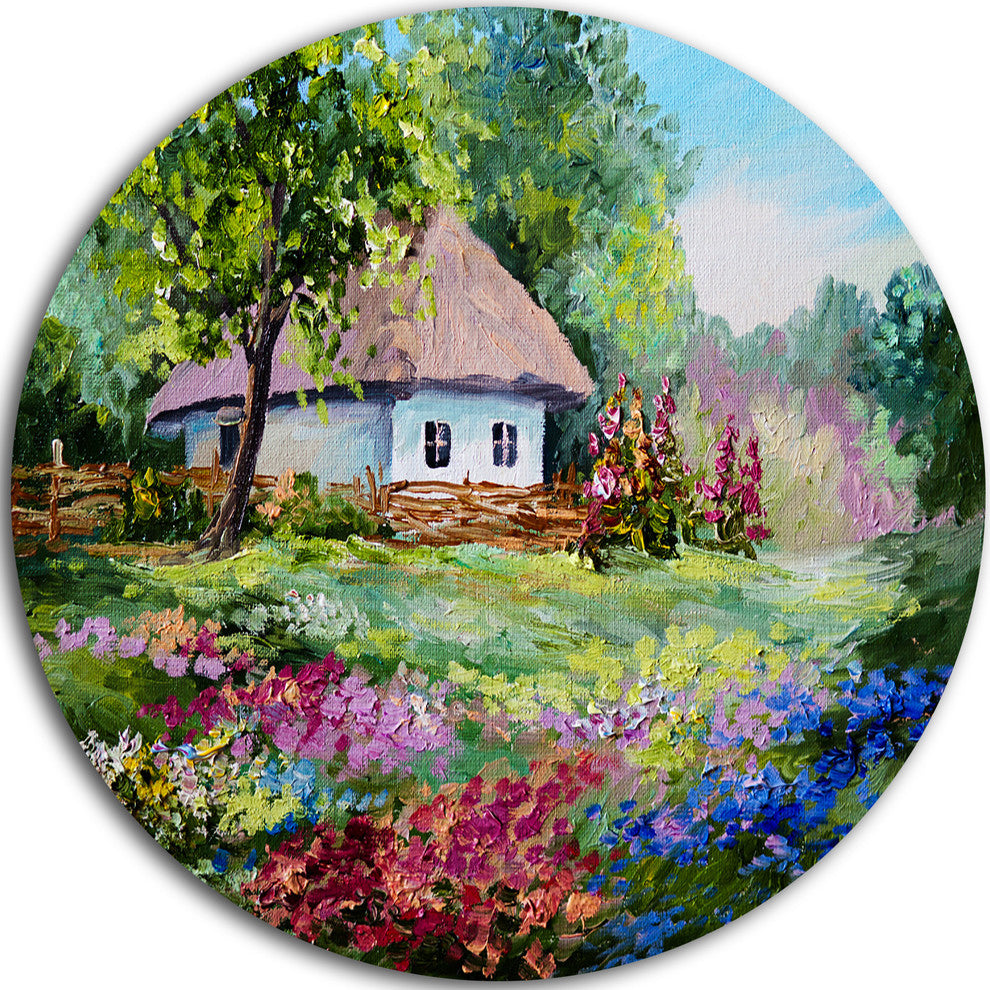 House In The Village Oil Painting, Landscape Round Wall Art, 23"
