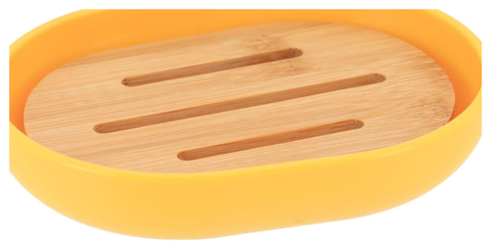 Yellow PADANG Soap Dish Cup Dispenser with Bamboo Tray