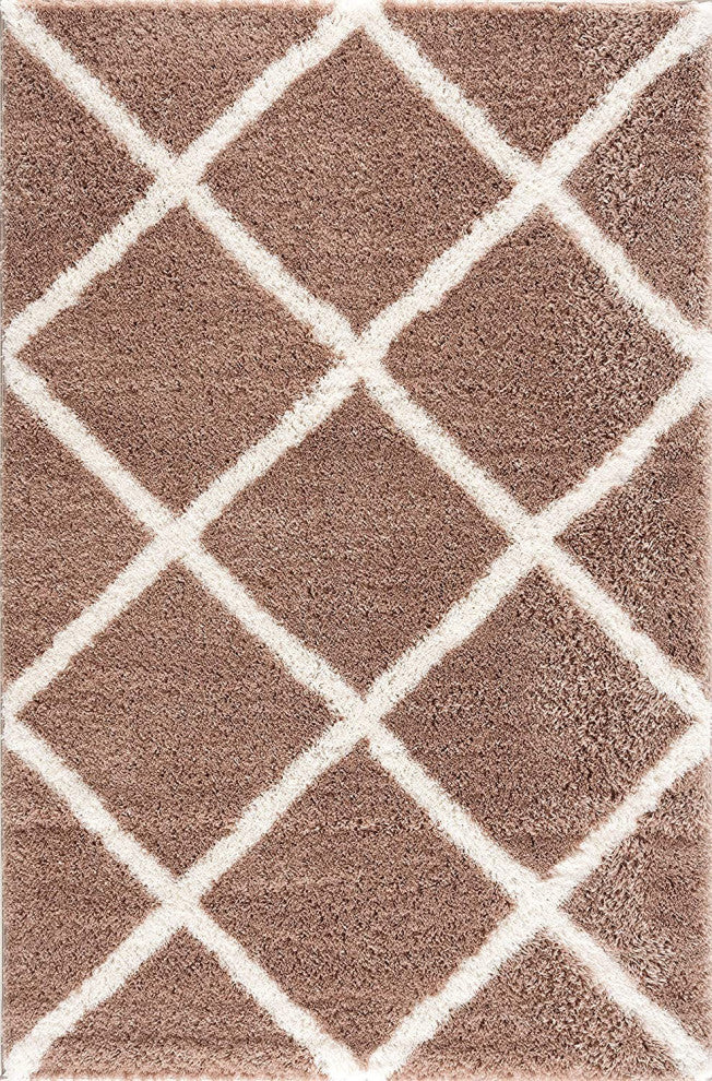 7"x9" Beige and White Modern Lattice Area Rug