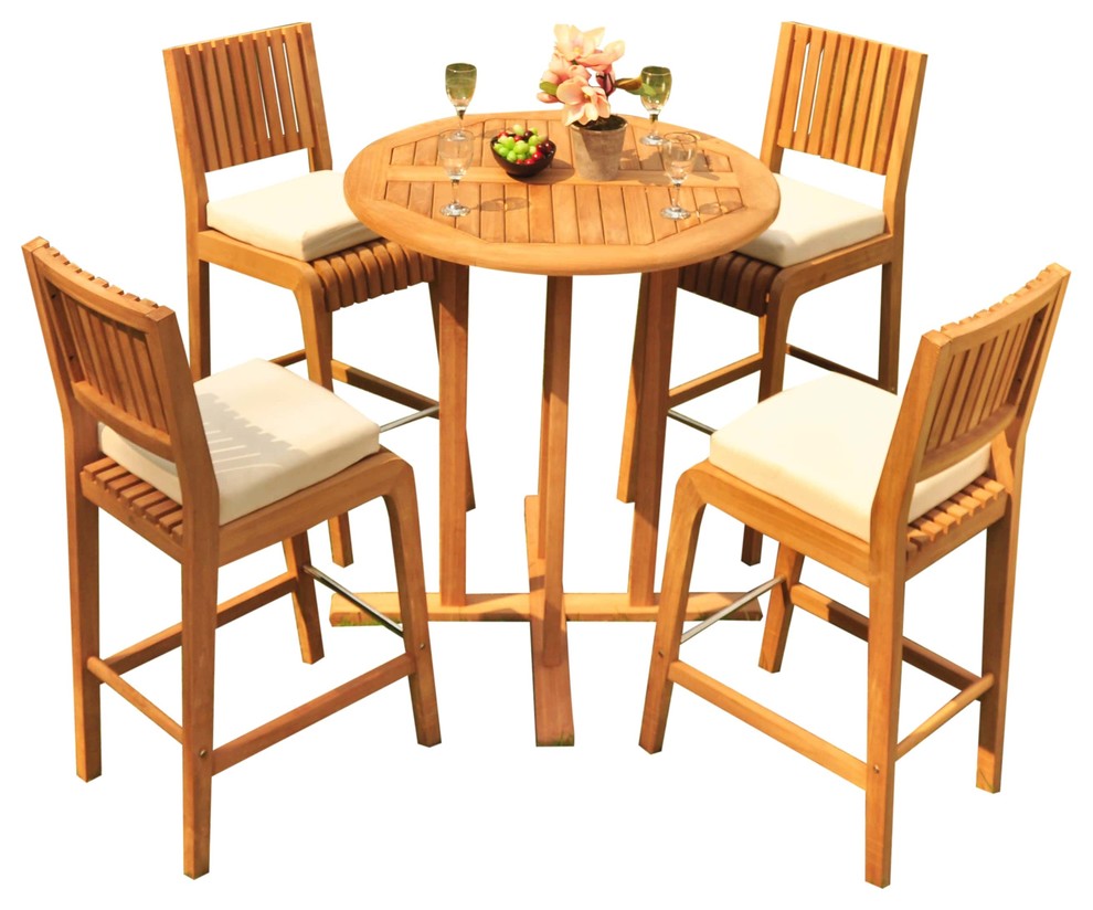 5-Piece Outdoor Patio Teak Bar Set: 36" Round Table, 4 Maldives Armless Chairs