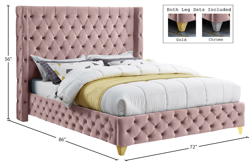Savan Velvet Upholstered Bed, Pink, Queen