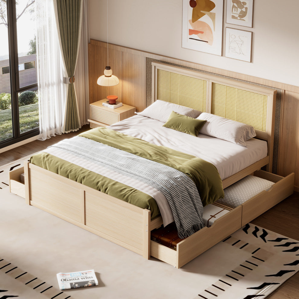 Gewnee Queen Size Wood Storage Platform Bed with 4 Drawers
