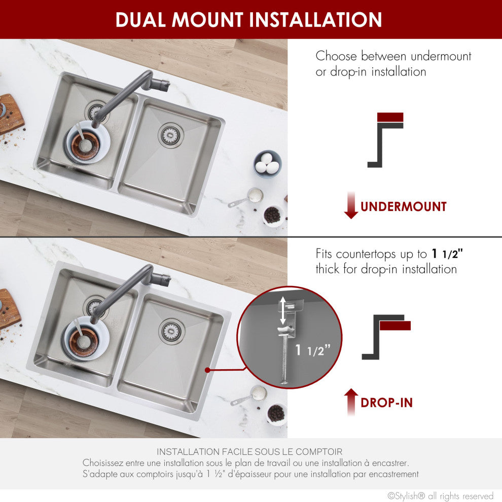STYLISH 31 inch Double Bowl Undermount Stainless Steel Kitchen Sink