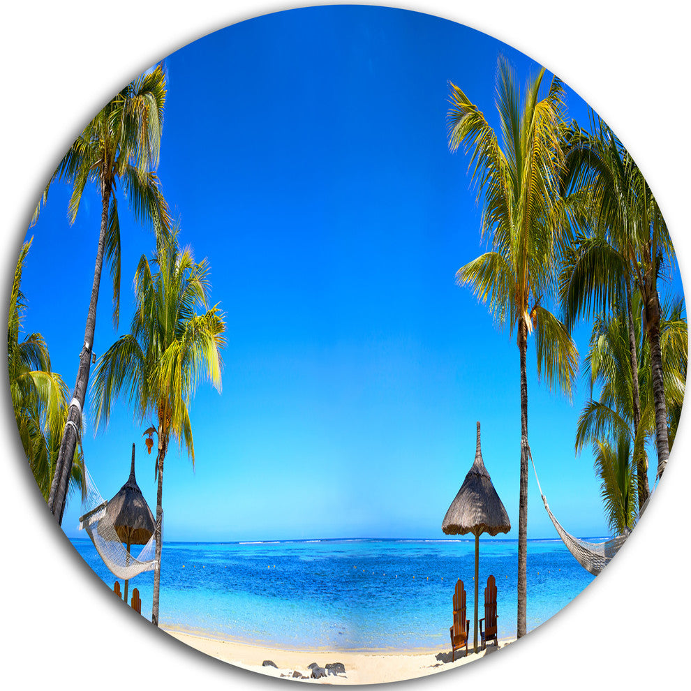 Mauritius Beach With Chairs, Seashore Photo Disc Metal Artwork, 11"