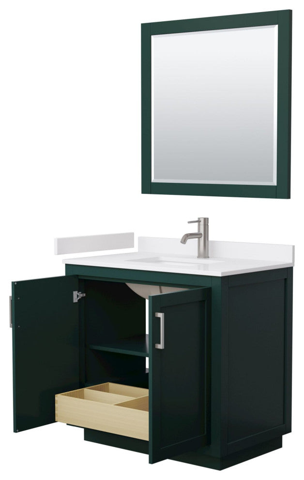 36"SGL Vanity Dark Blue, White Cult. Marble Top, Sink, Gold Trim, 34"Mirror