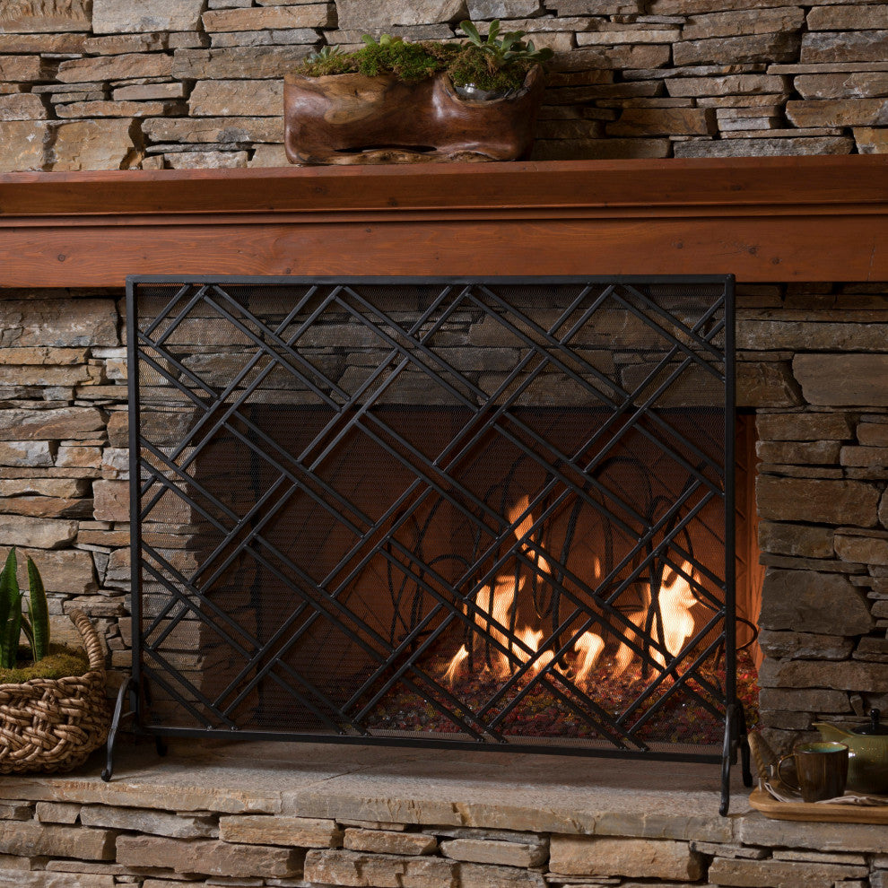GDF Studio Jalama Single Panel Iron Fireplace Screen, Black