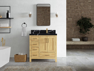 Malibu Teak 36" Right Offset Bath Vanity in Light Natural  2" Calacatta Black