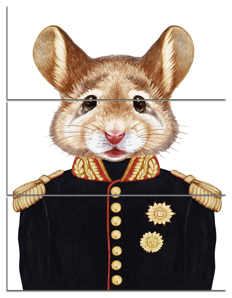 Mouse in Military Uniform, Animal Triptych Canvas Art Print, 28x36, 3 Panels
