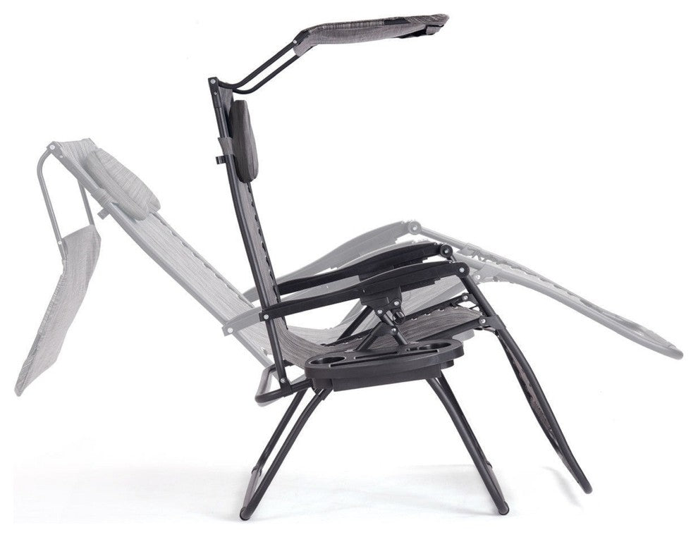 Folding Recliner Lounge Chair With Shade Canopy Cup Holder, Gray
