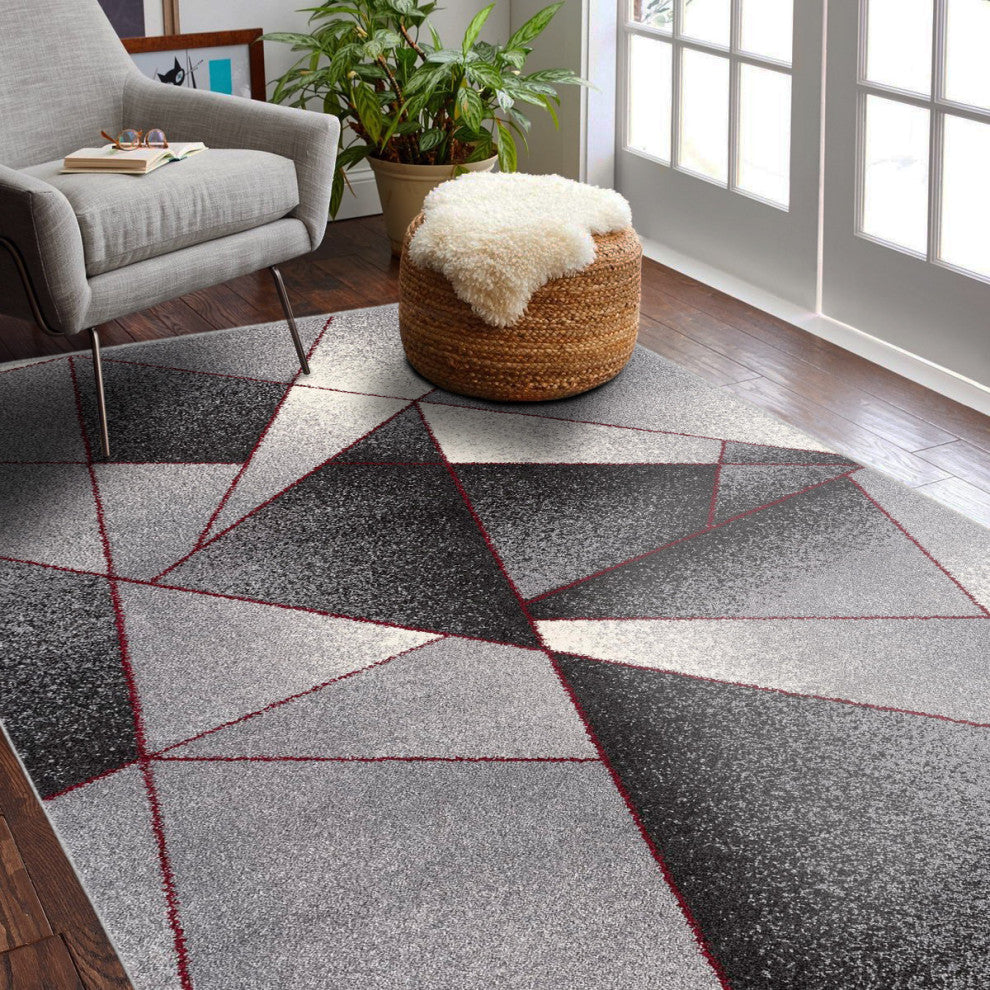 8"x11" Gray and Red Prism Pattern Area Rug
