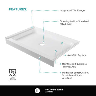 Fine Fixtures Single Threshold Shower Base, 60x30 - Center Drain