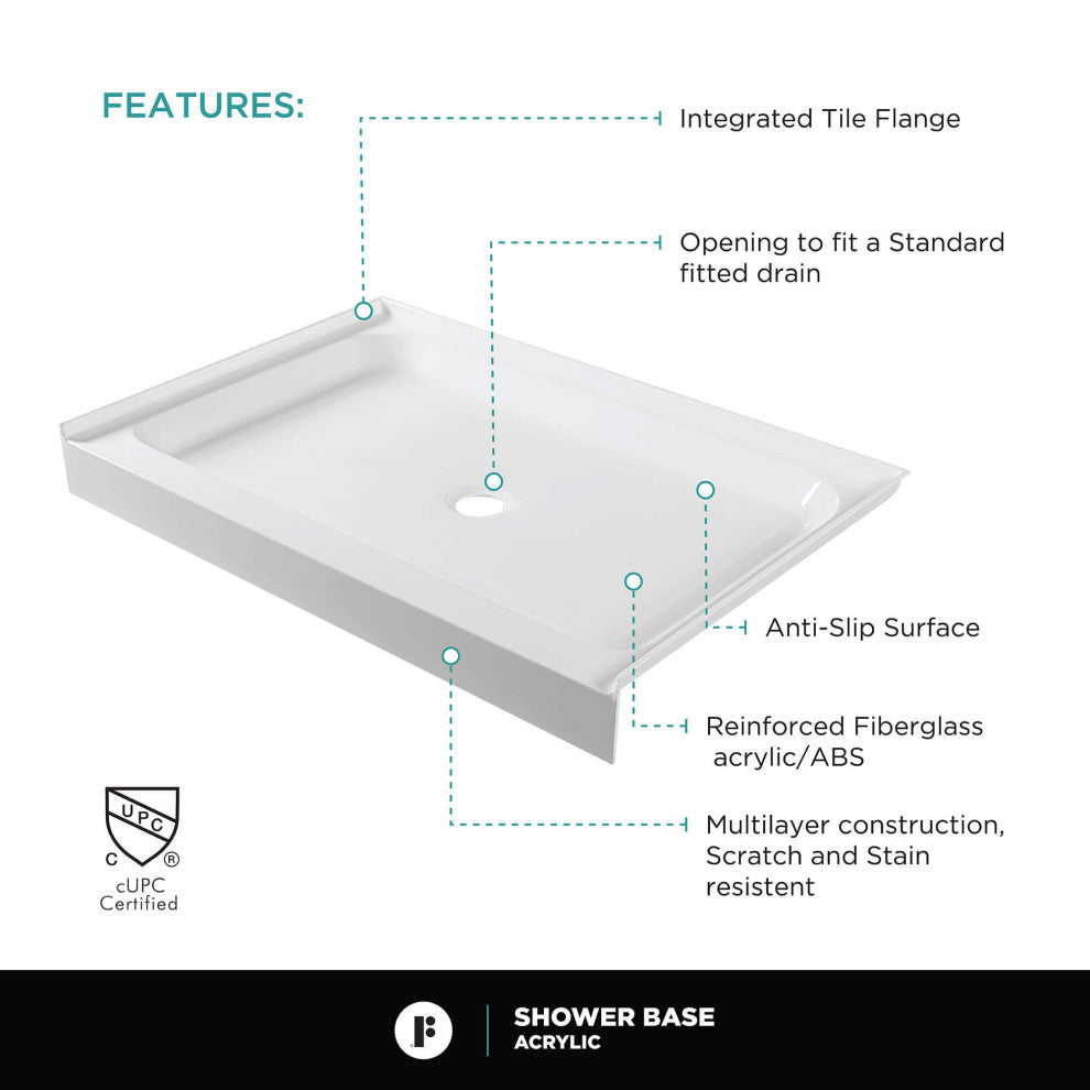Fine Fixtures Single Threshold Shower Base, 60x30 - Center Drain