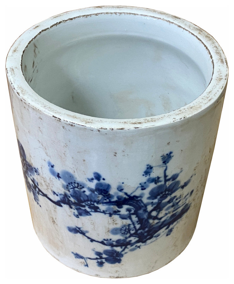 Chinese Distressed White Porcelain Blue Blossom Graphic Holder Vase Hws2361