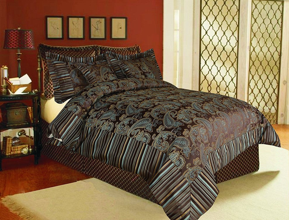 Tache Paisley Dark Brown Comforter Set With Zipper, Full
