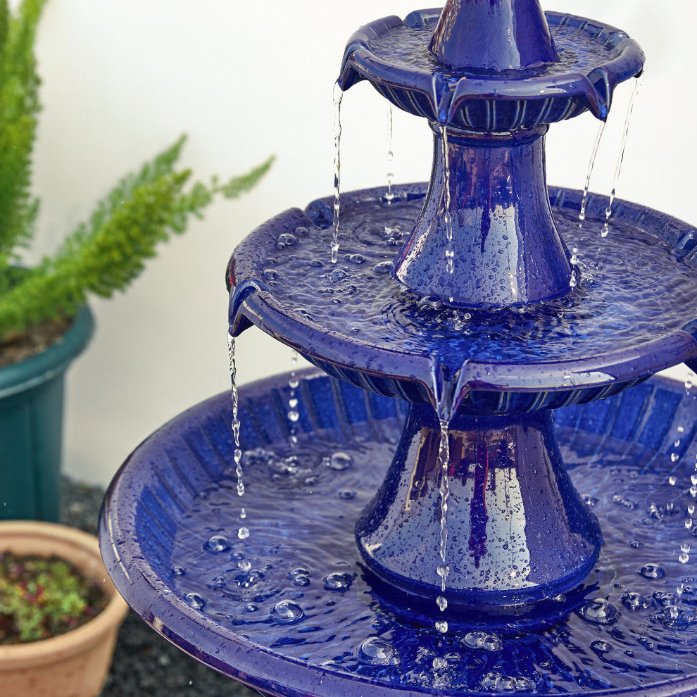 Cobalt Blue 3-Tier Ceramic Outdoor Fountain
