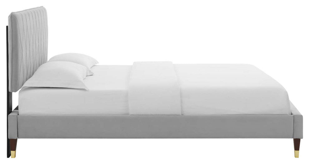 Platform Bed Frame, Queen Size, Velvet, Light Gray, Modern Contemporary