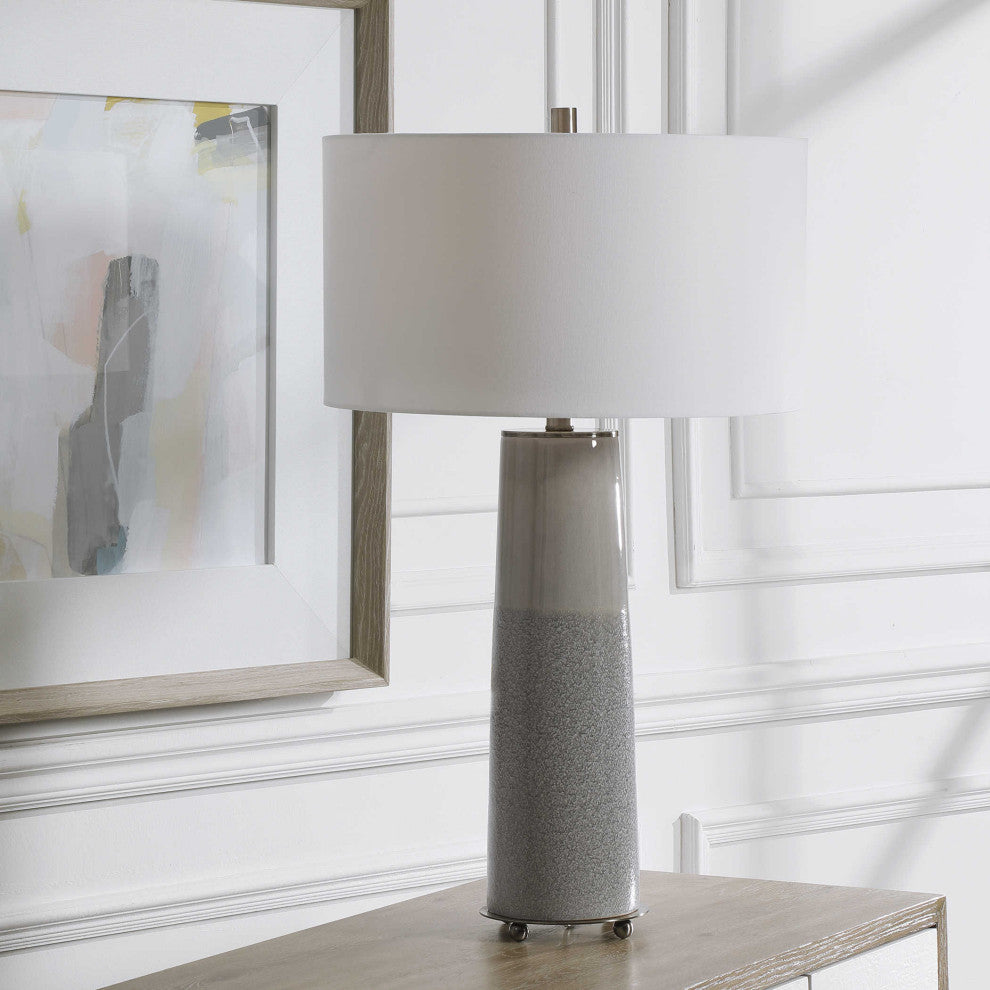 Sleek Light Gray Column Table Lamp Ceramic Two Tone Gloss Textured