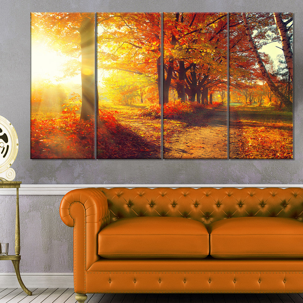 Autumnal Trees in Sunrays, Large Landscape Canvas Art Print, 48"x28", 4 Panels