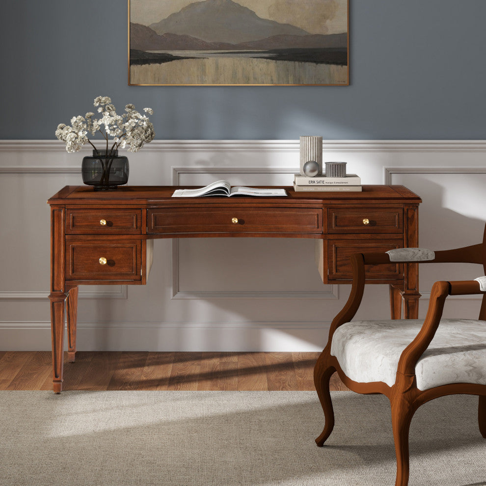 Dauphin 59" Ash Wood Gold Accent 5-Drawer Executive Desk, Walnut Brown Wood