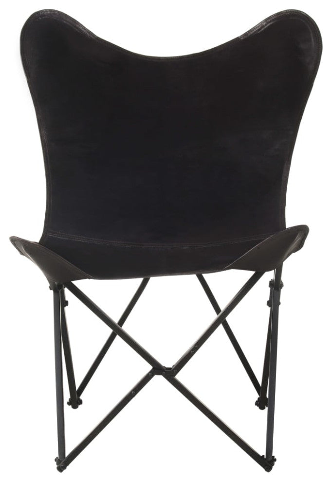 vidaXL Chair Accent Foldable Butterfly Chair for Living Room Black Real Leather