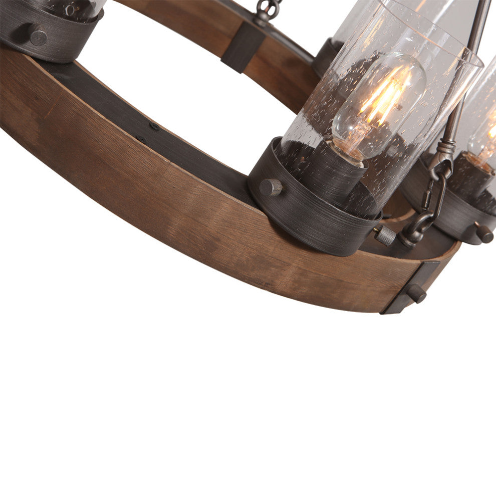 6 Light Wooden Wagon Wheel Chandelier
