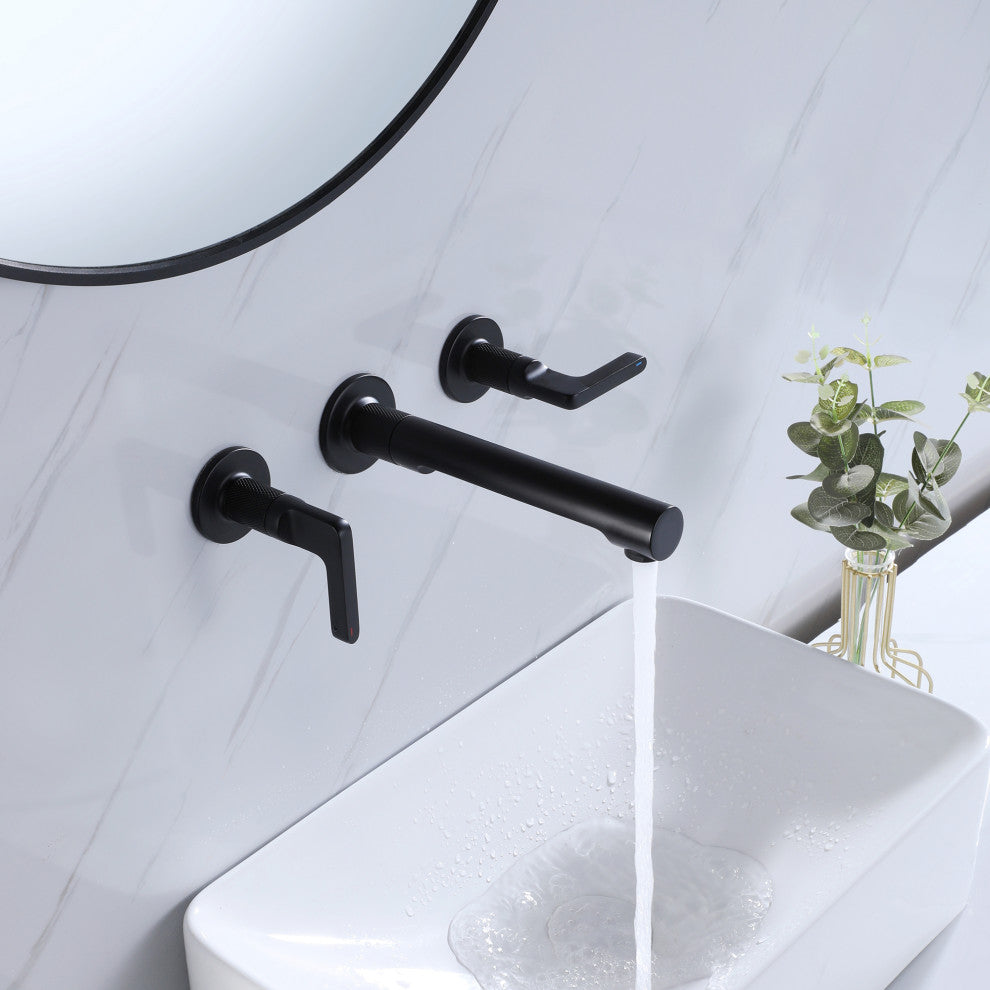 Wall Mounted Dual Handles Bathroom Faucet, Matte Black