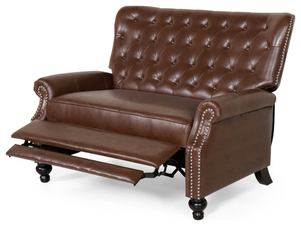 Belknap Faux Leather Tufted Oversized Recliner, Nailhead Trim, Dark Brown + Espr