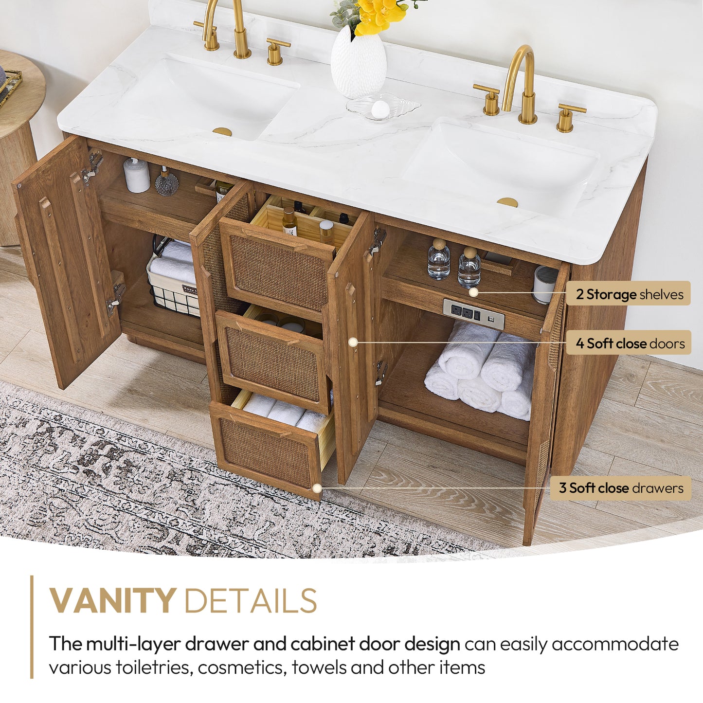 Busan Bath Vanity, Quartz Top No Mirror, Oak Classic Brown, 60", Double Vanity