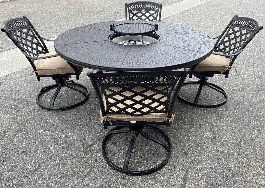 Outdoor conversation set with fire pit grill table and 6 swivel rockers.