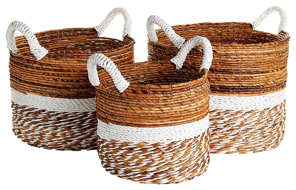 Set 3 Coastal Casual Natural Raffia Round White Stripe Tote Baskets Handle Large
