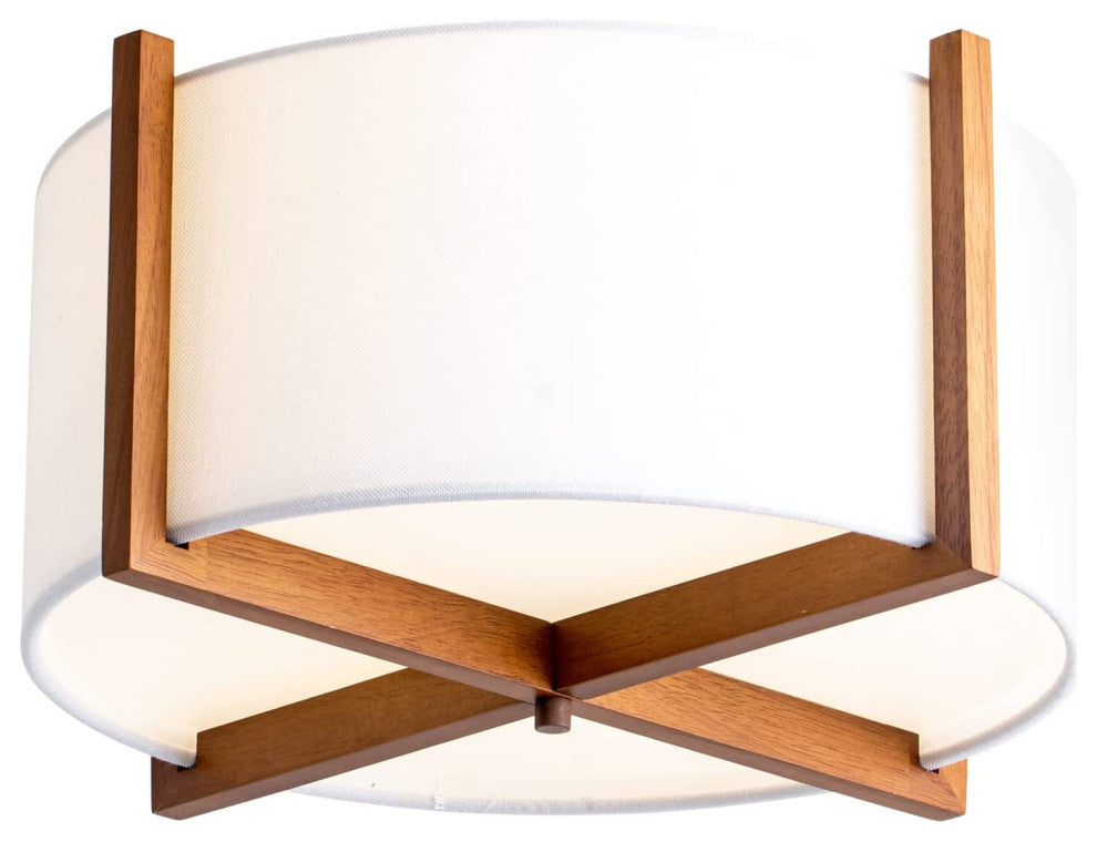 Wood Semi Flush Mount Ceiling Light Fixture, Off White Fabric Shade