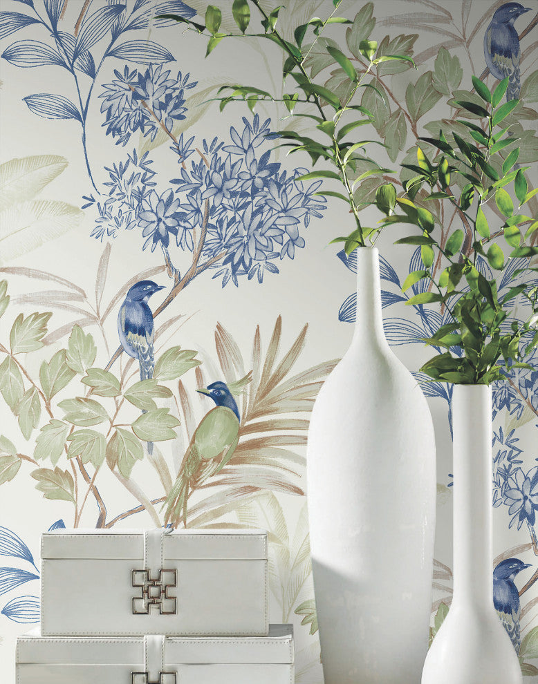 Green & Blue Handpainted Songbird Peel & Stick Wallpaper