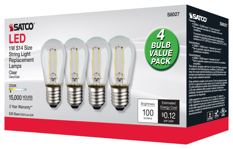 S14 LED String Light Replacement Bulb, 2200K, 120V, Replacement 4-Pack