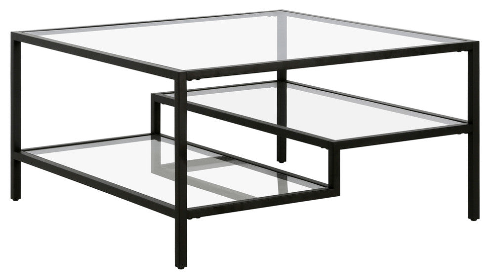 32" Black Glass And Steel Square Coffee Table With Two Shelves