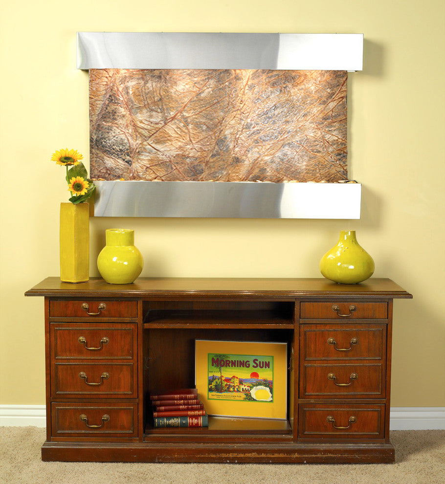 Sunrise Springs water fountain, Brown Marble, Stainless Steel, Square