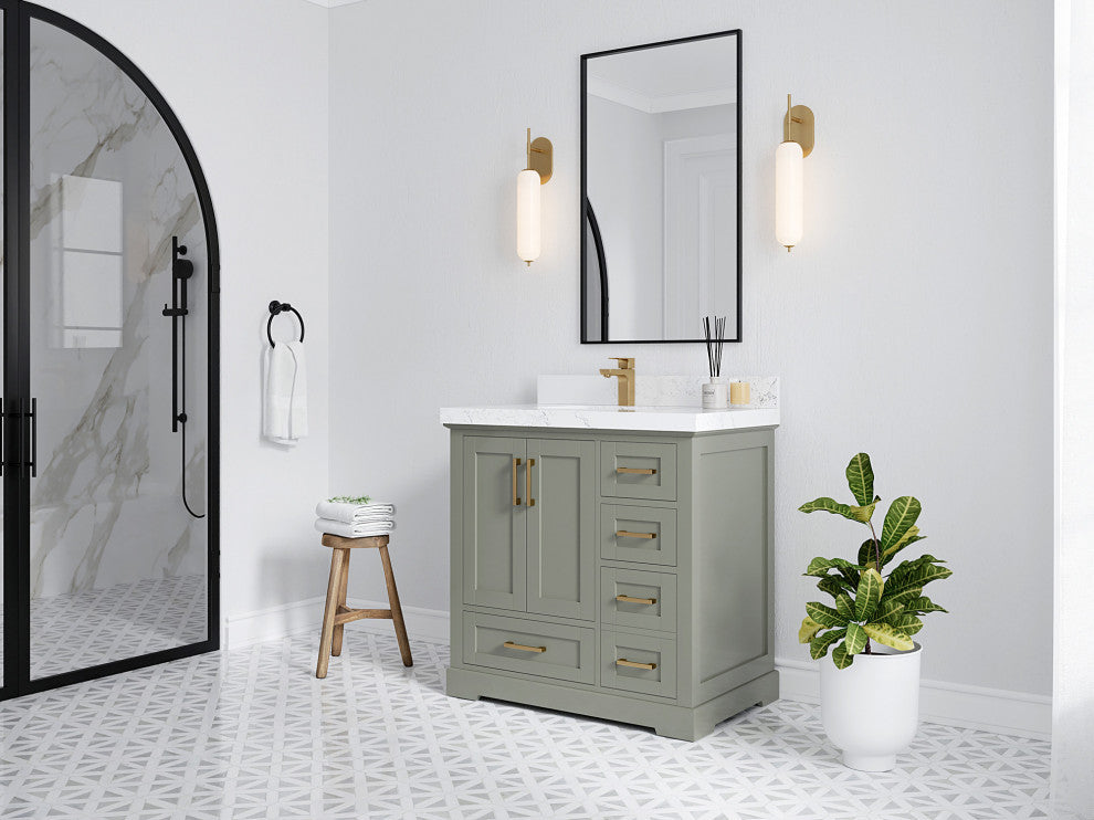 Boston 36 Right Offset Bath Vanity in Evergreen 2" Carrara Marble
