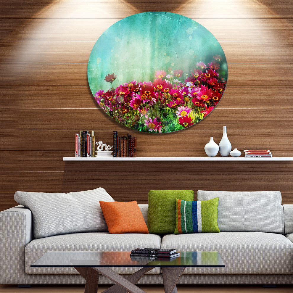Little Red And Pink Flowers On Blue, Floral Round Metal Wall Art, 36"
