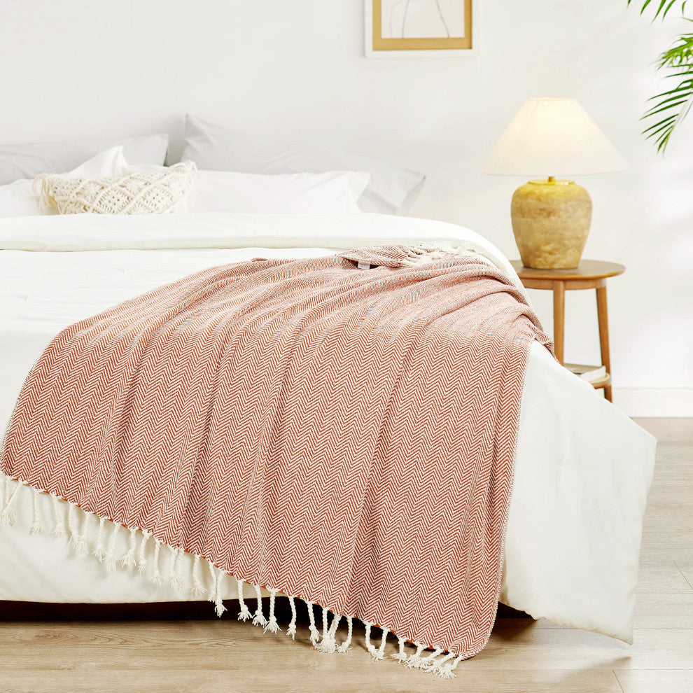 Chevron Knit Woven Throw Blanket, Rust