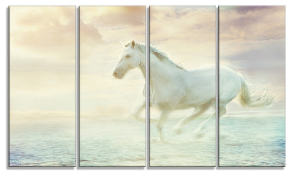 Fantasy White Horse, Animal Canvas Art Print, 48"x28", 4 Panels