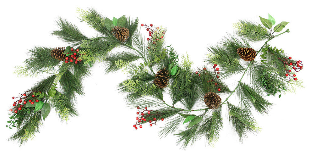 6' Long Needle Pine Red Berry And Pine Cone Artificial Christmas Garland, Unlit