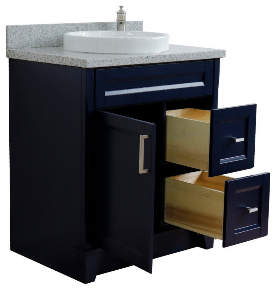 31" Single Sink Vanity, Blue Finish With Gray Granite With Round Sink