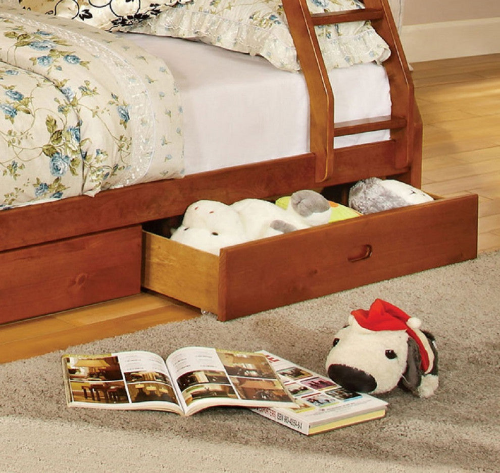 Wooden Twin Over Full Bunk Bed with 2 Drawers, Oak