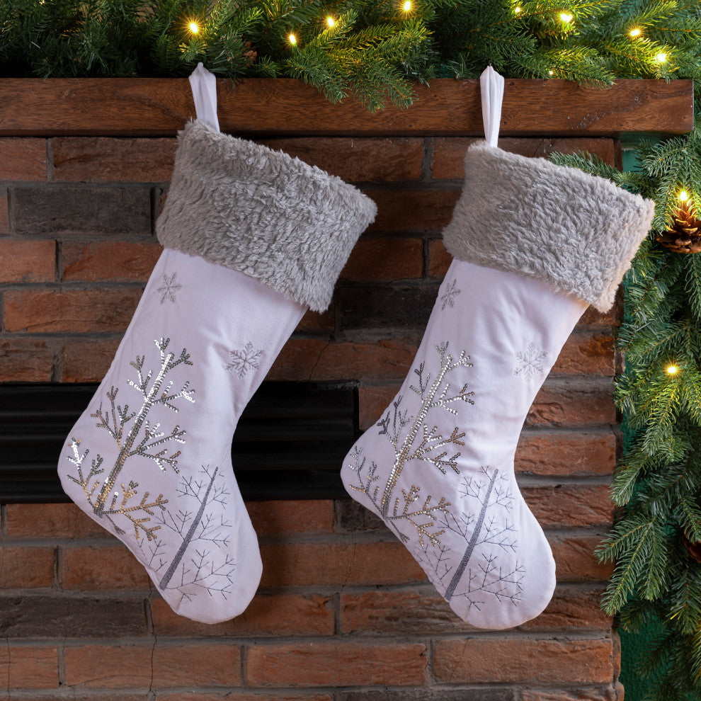2-Pack 21"L White Fleece With Christmas Tree, Snowflake Stocking