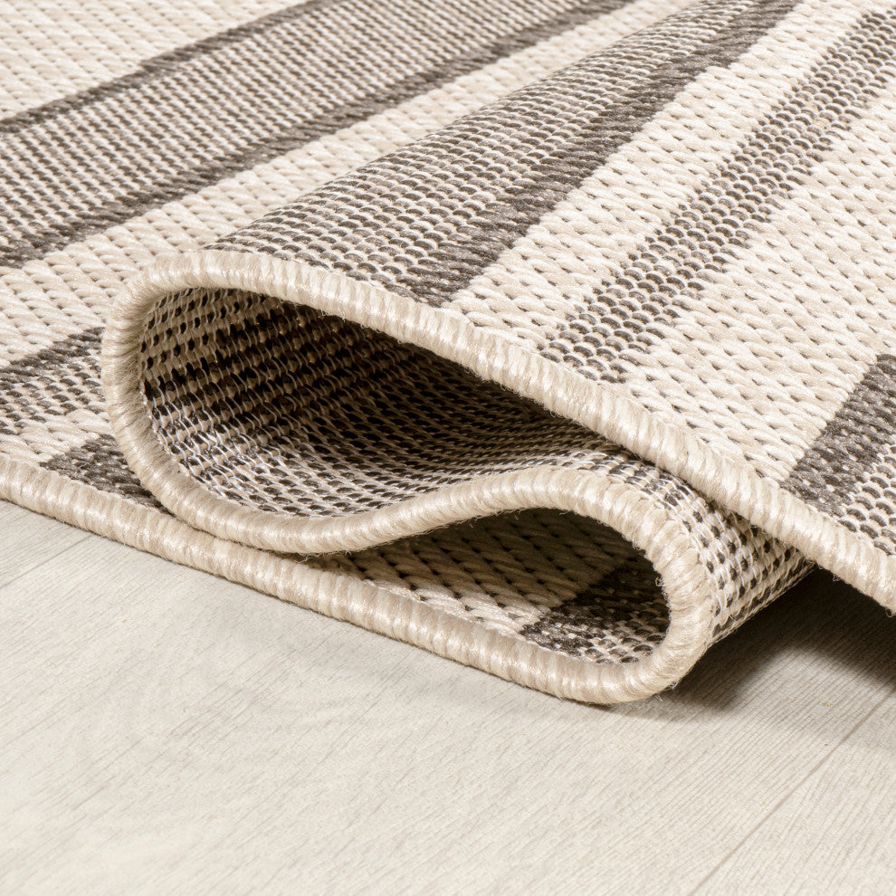 Castara Wavy Stripe Modern Indoor/Outdoor Area Rug, Cream/Dark Gray, 2x8